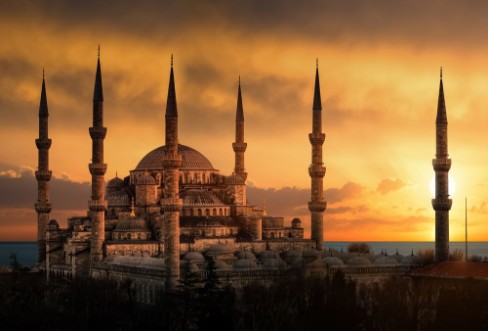 Afbeeldingen van The Blue Mosque in Istanbul during sunset