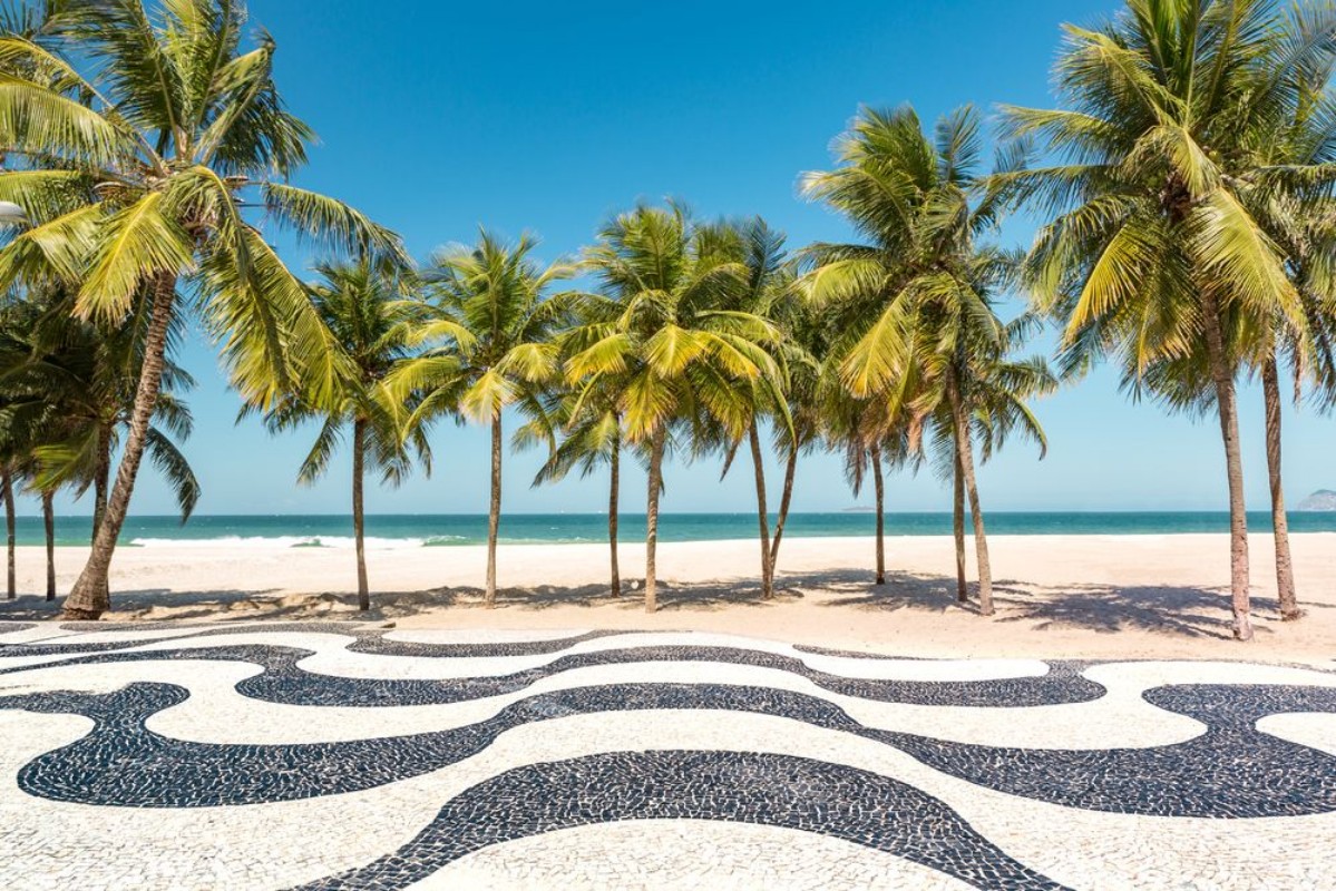 Bild på Palm trees and the iconic Copacabana beach mosaic sidewalk in Rio de Janeiro Brazil