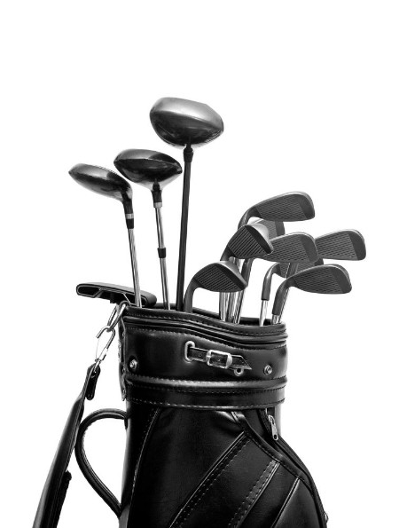 Afbeeldingen van Black leather golf bag isolated on white