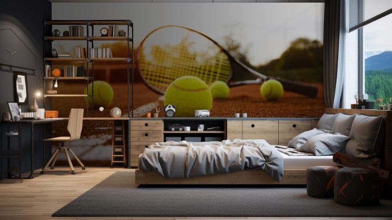 Afbeeldingen van Tennis balls with racket on clay court