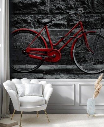 Bild på Retro vintage red bike on black and white wall