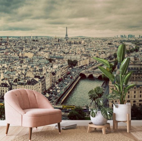 Afbeeldingen van Paris France panorama with Eiffel Tower Seine river and bridges Vintage