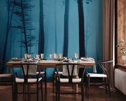 Afbeeldingen van Magic foggy turquoise blue light color forest scene background
