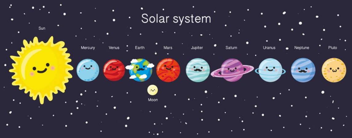 Afbeeldingen van Solar system with cute smiling planets sun and moon