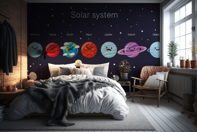 Picture of Solar system with cute smiling planets sun and moon