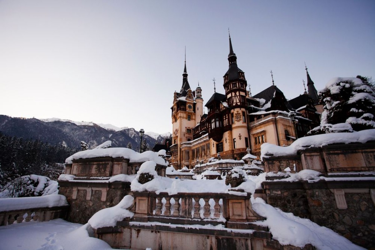 Picture of Peles Castle in Romania during the winter 