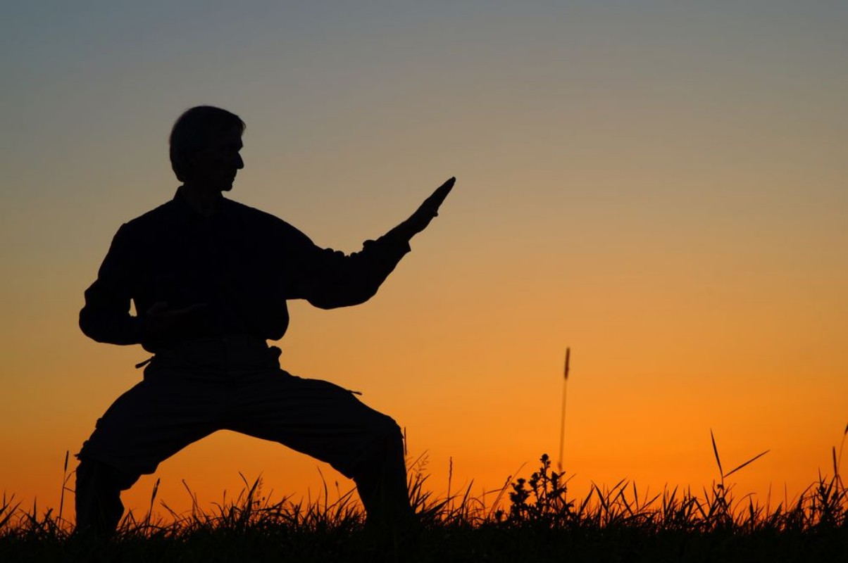 Afbeeldingen van Man practicing karate on the grassy horizon after sunset Art of self-defense Silhouette against a bright orange sky