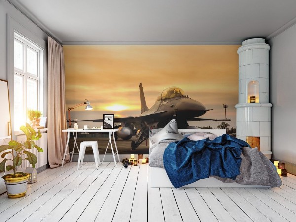 Afbeeldingen van F16 falcon fighter jet on sunset background 