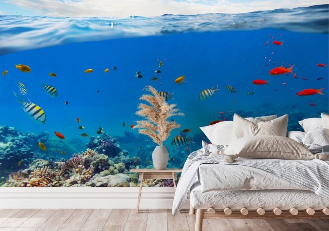 Afbeeldingen van Underwater coral reef with horizon and water waves