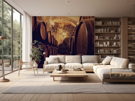 Wooden barrels with wine in a wine vault Italy photowallpaper Scandiwall