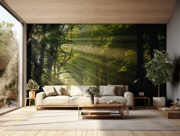 Sun rays shining through the trees in the forrest photowallpaper Scandiwall