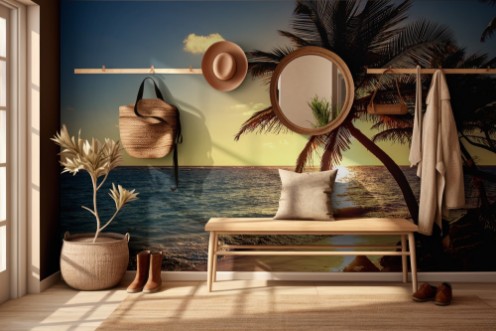 Palm tree on the tropical beach photowallpaper Scandiwall