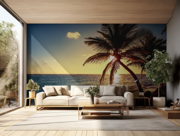 Palm tree on the tropical beach photowallpaper Scandiwall