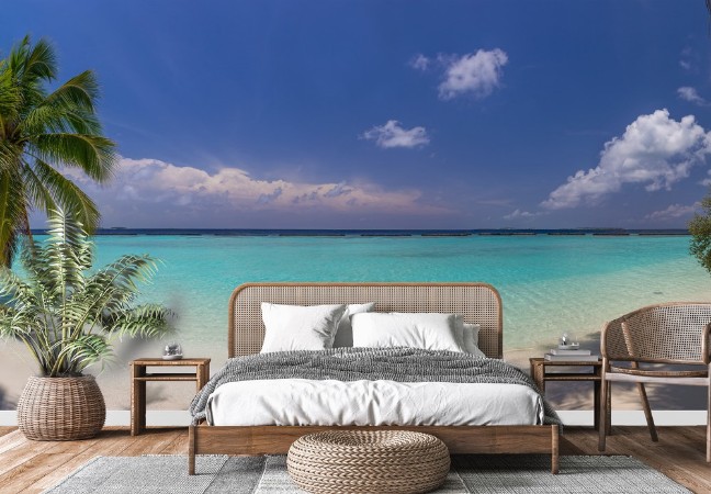 Beach panorama at Maldives with blue sky palm trees and turquoi photowallpaper Scandiwall