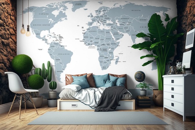 World political map Detailed map of the world with shorelines national borders and country names Robinson projection english labeling grey illustration on white background photowallpaper Scandiwall