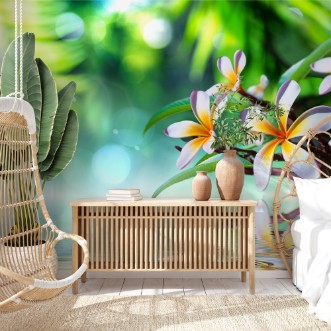 Zen garden with frangipani and vapour on water photowallpaper Scandiwall