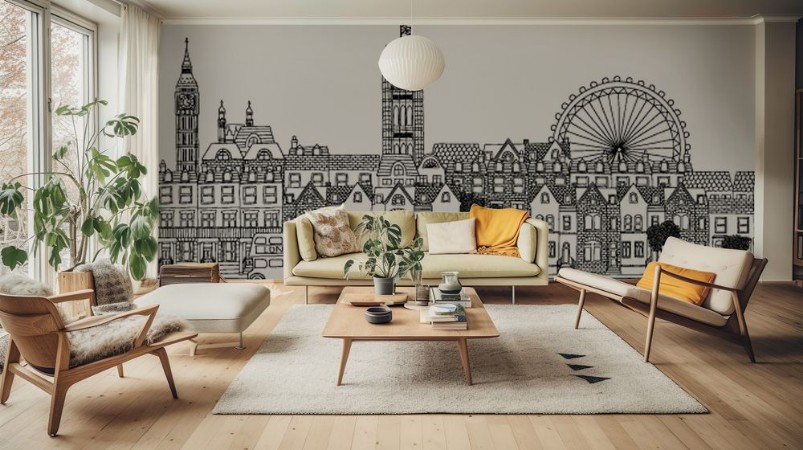 Seamless banner of Londons skyline hand drawn black and white illustration photowallpaper Scandiwall