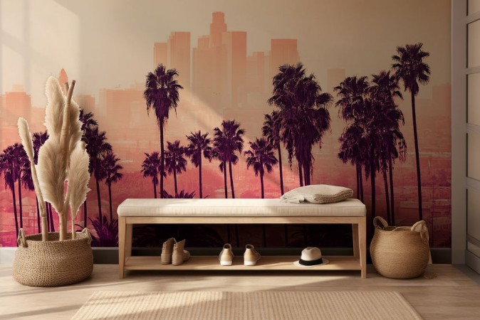 Los Angeles skyline with palm trees in the foreground photowallpaper Scandiwall