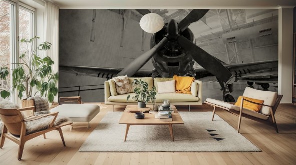 Old airplane in a hangar photowallpaper Scandiwall