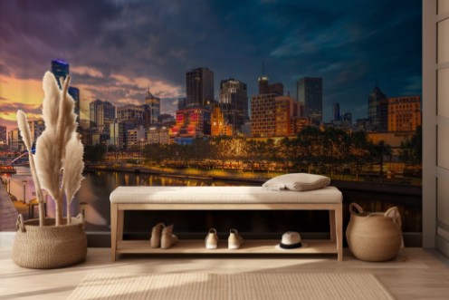 City of Melbourne Cityscape image of Melbourne Australia during dramatic sunset photowallpaper Scandiwall