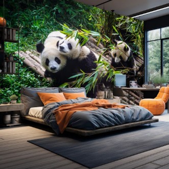 Pandas enjoying their bamboo breakfast in Chengdu Research Base China photowallpaper Scandiwall