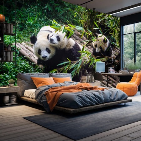 Pandas enjoying their bamboo breakfast in Chengdu Research Base China photowallpaper Scandiwall