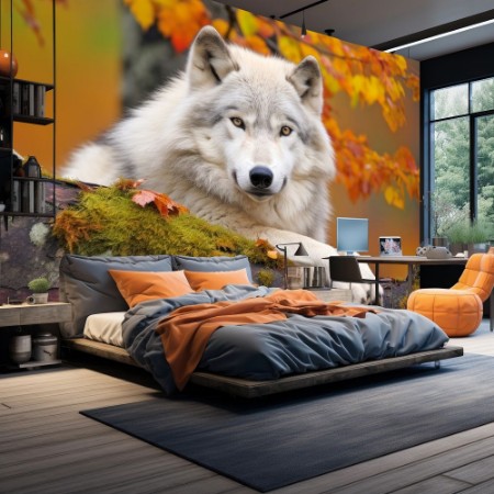 A white wolf resting on a branch in autumn photowallpaper Scandiwall