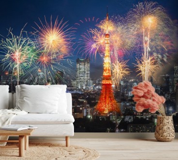 Fireworks celebrating over tokyo photowallpaper Scandiwall