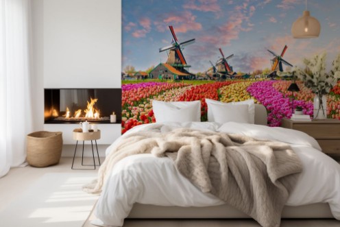 Landscape with tulips in Zaanse Schans Netherlands Europe photowallpaper Scandiwall