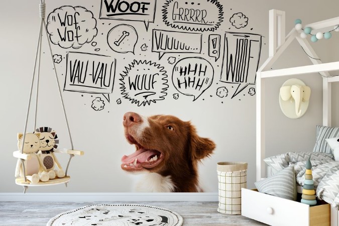 Dog with barking bubbles photowallpaper Scandiwall