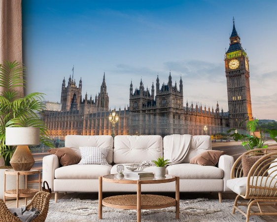 London night view from Westminster Bridge Big Ben and city traf photowallpaper Scandiwall