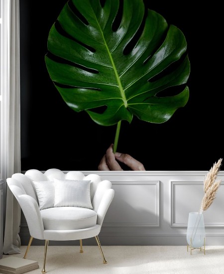 A person holding big leaf photowallpaper Scandiwall