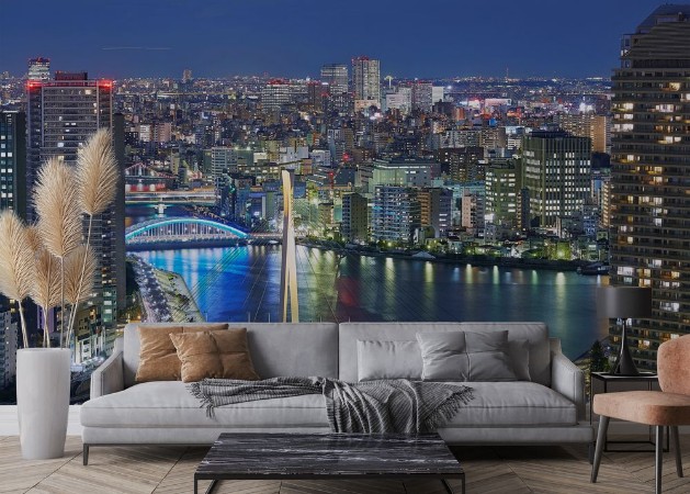 Night Tokyo panorama with wide angle aerial view of Sumida river in illuminated Tokyo with bright bridges skyscrapers and dark cloudy sky photowallpaper Scandiwall