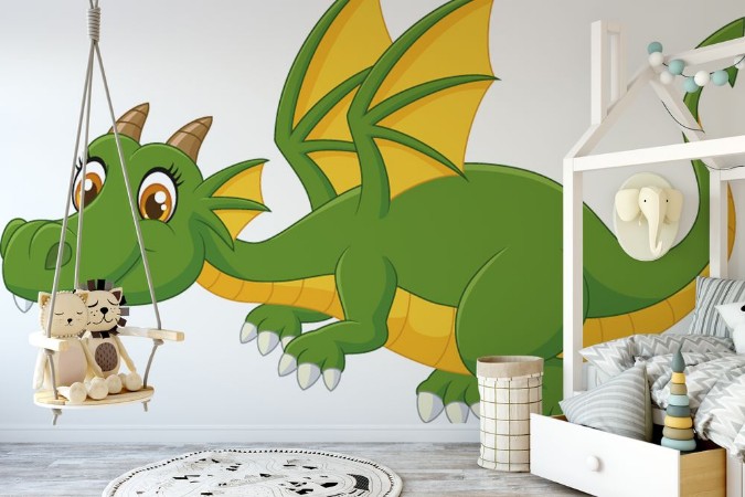 Cartoon green dragon flying photowallpaper Scandiwall