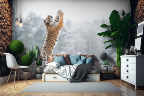 Young Siberian tiger playing with snow photowallpaper Scandiwall