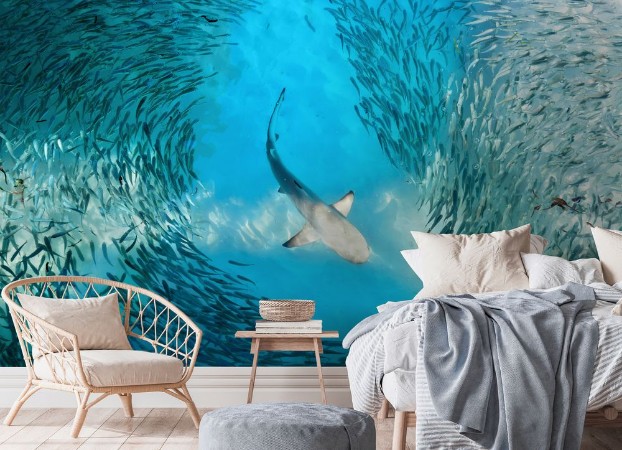 Shark and small fishes in ocean photowallpaper Scandiwall