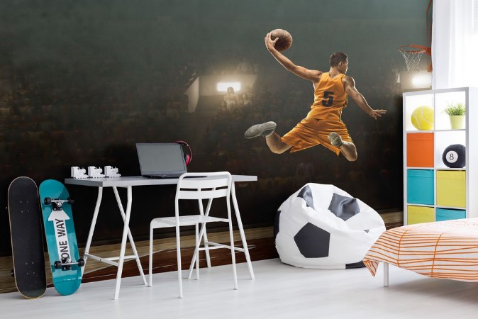 Basketball player on basketball court in action Slam dunk Jump shot photowallpaper Scandiwall