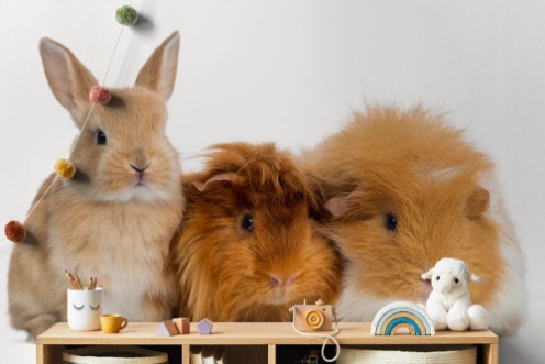 Dwarf rabbit and Guinea Pigs isolated on white photowallpaper Scandiwall
