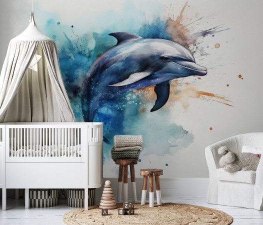 Watercolor dolphin photowallpaper Scandiwall