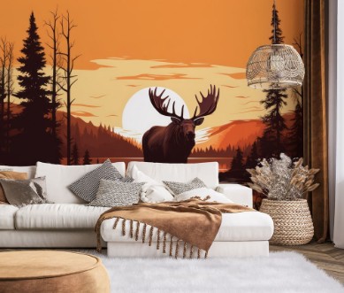 Sunset moose photowallpaper Scandiwall