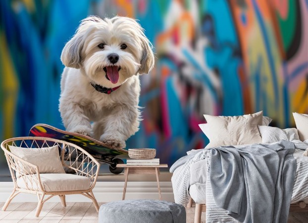 Dog riding skateboard photowallpaper Scandiwall