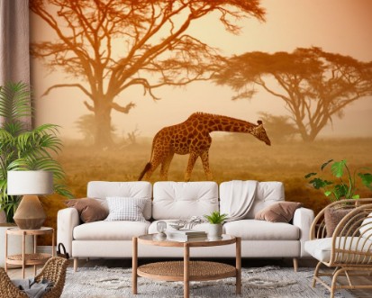 Giraffe in savannah photowallpaper Scandiwall