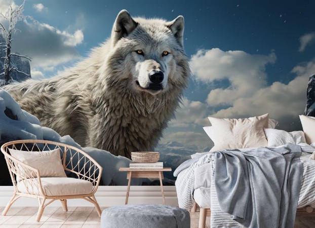 Snowy wolf in an Arctic landscape photowallpaper Scandiwall