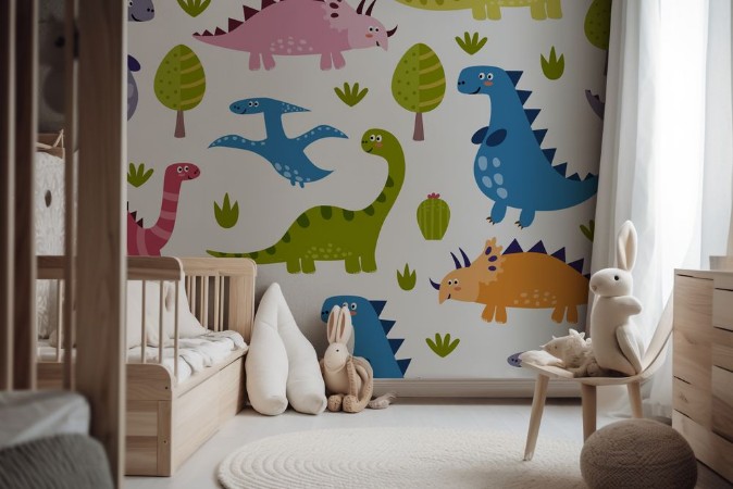 Cute dinosaurs seamless pattern photowallpaper Scandiwall