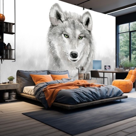 Watercolor grey wolf photowallpaper Scandiwall