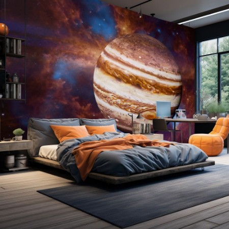 Planet Jupiter in front of a beautiful space nebula photowallpaper Scandiwall
