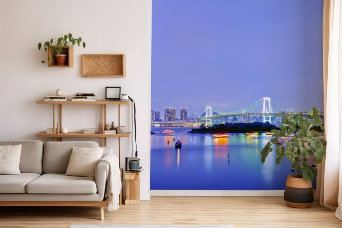 View of the Tokyo Bay and Rainbow Bridge at night in Tokyo photowallpaper Scandiwall