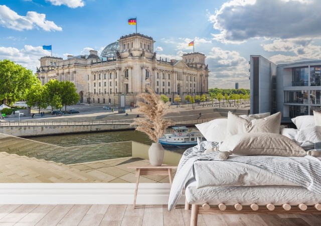 Berlin government district with Reichstag and ship on Spree river in summer Berlin Mitte Germany photowallpaper Scandiwall