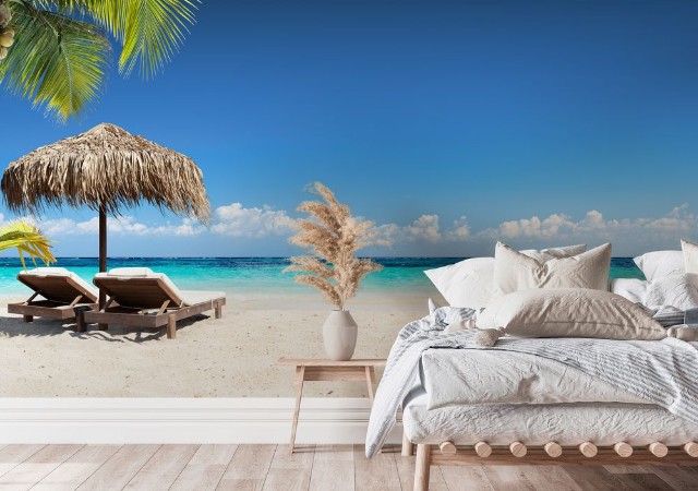 Chairs And Umbrella In Tropical Beach - Seascape Banner photowallpaper Scandiwall