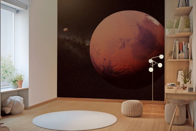 Planet Mars in front of the Milky Way galaxy with Moons of Mars Phobos and Deimos photowallpaper Scandiwall